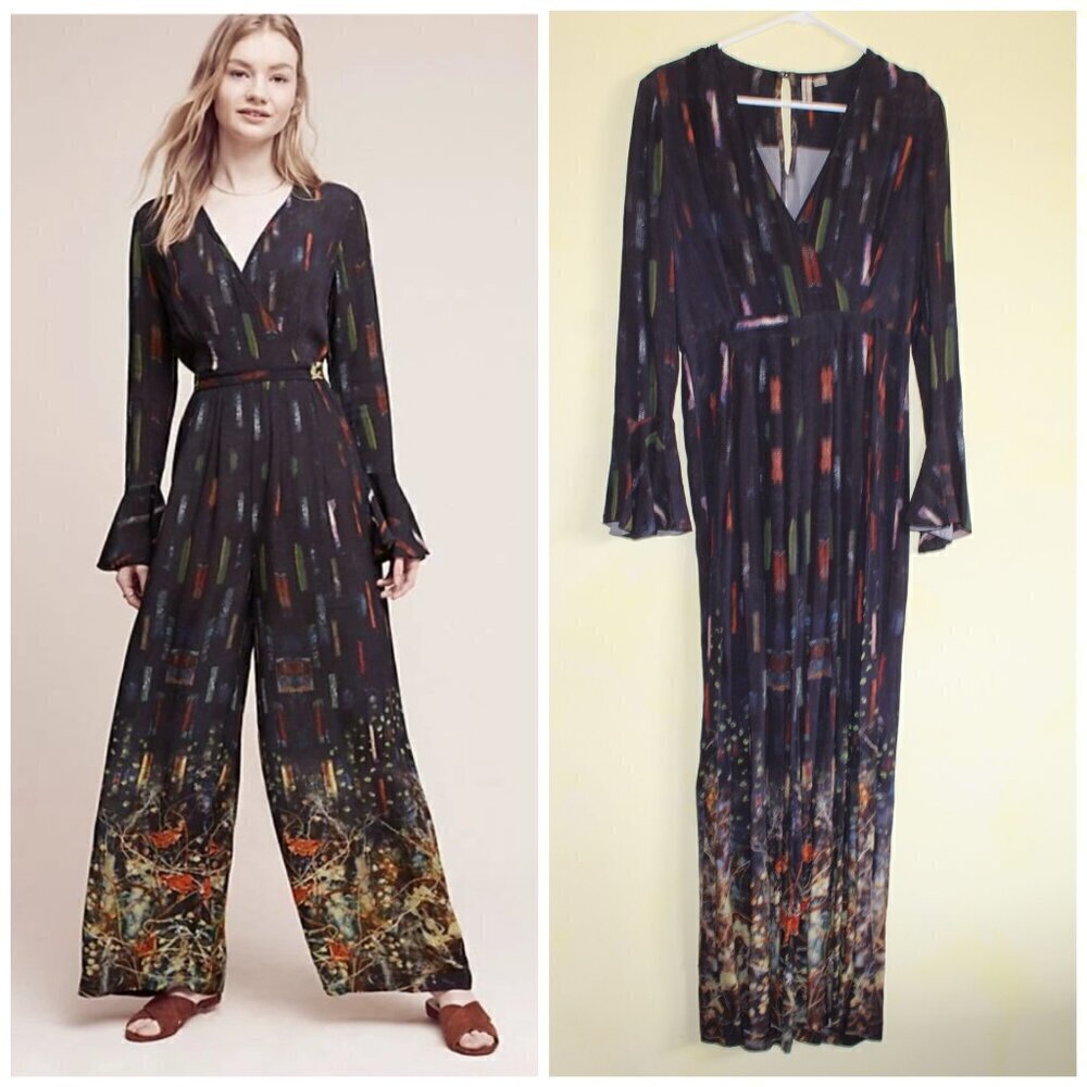 Bl-nk London Anthropologie Kaelah Floral Jumpsuit Small Bell Sleeve Multicolor